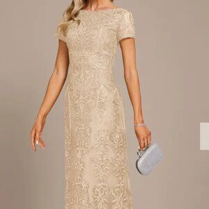 JJ House Champagne A-line Boat Neck Ankle-Length Lace Evening Dress NWT